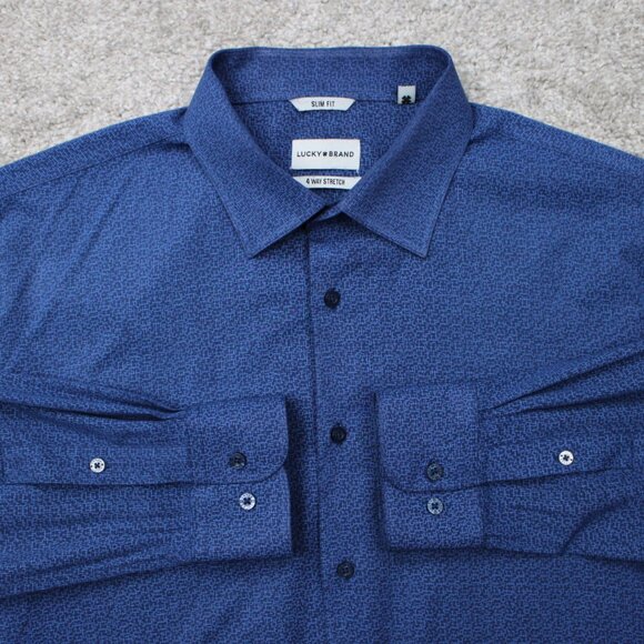 Lucky Brand Other - Lucky Brand Shirt Mens XL (17/17.5, 34/35) Blue Geometric Slim Fit 4 Way Stretch